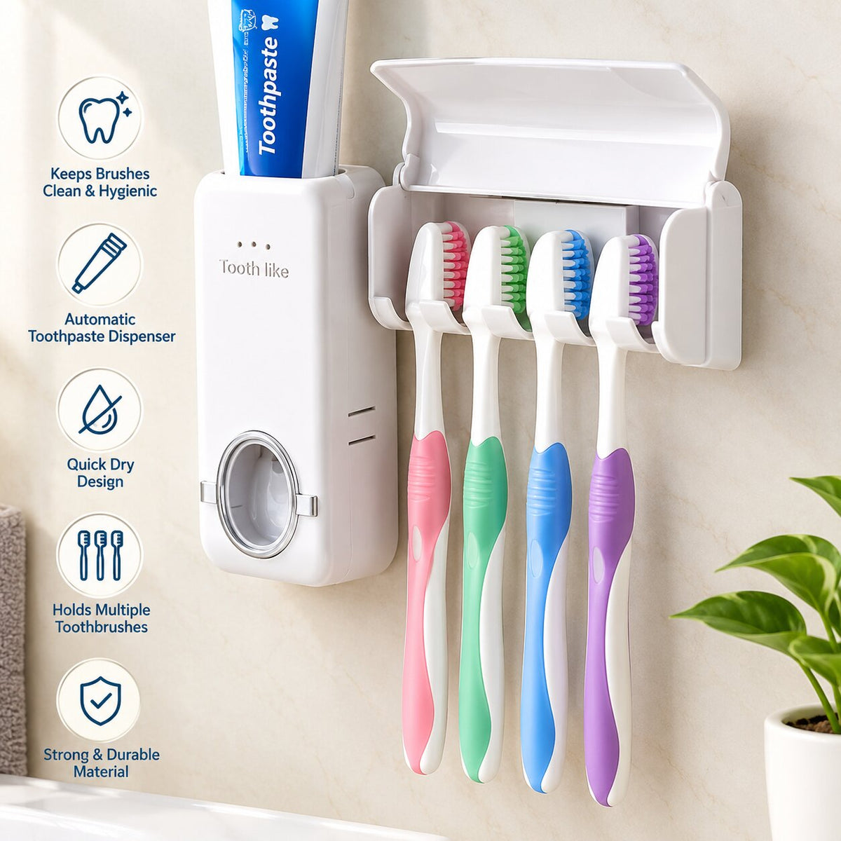 Wall-mounted toothbrush holder with protective cover, automatic toothpaste dispenser, and space for four toothbrushes
