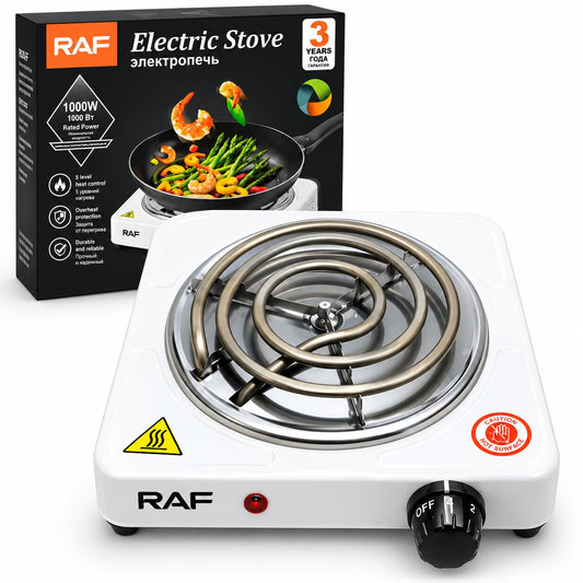 White RAF single-burner electric stove with coil heating element, adjustable control dial and 1000W product packaging