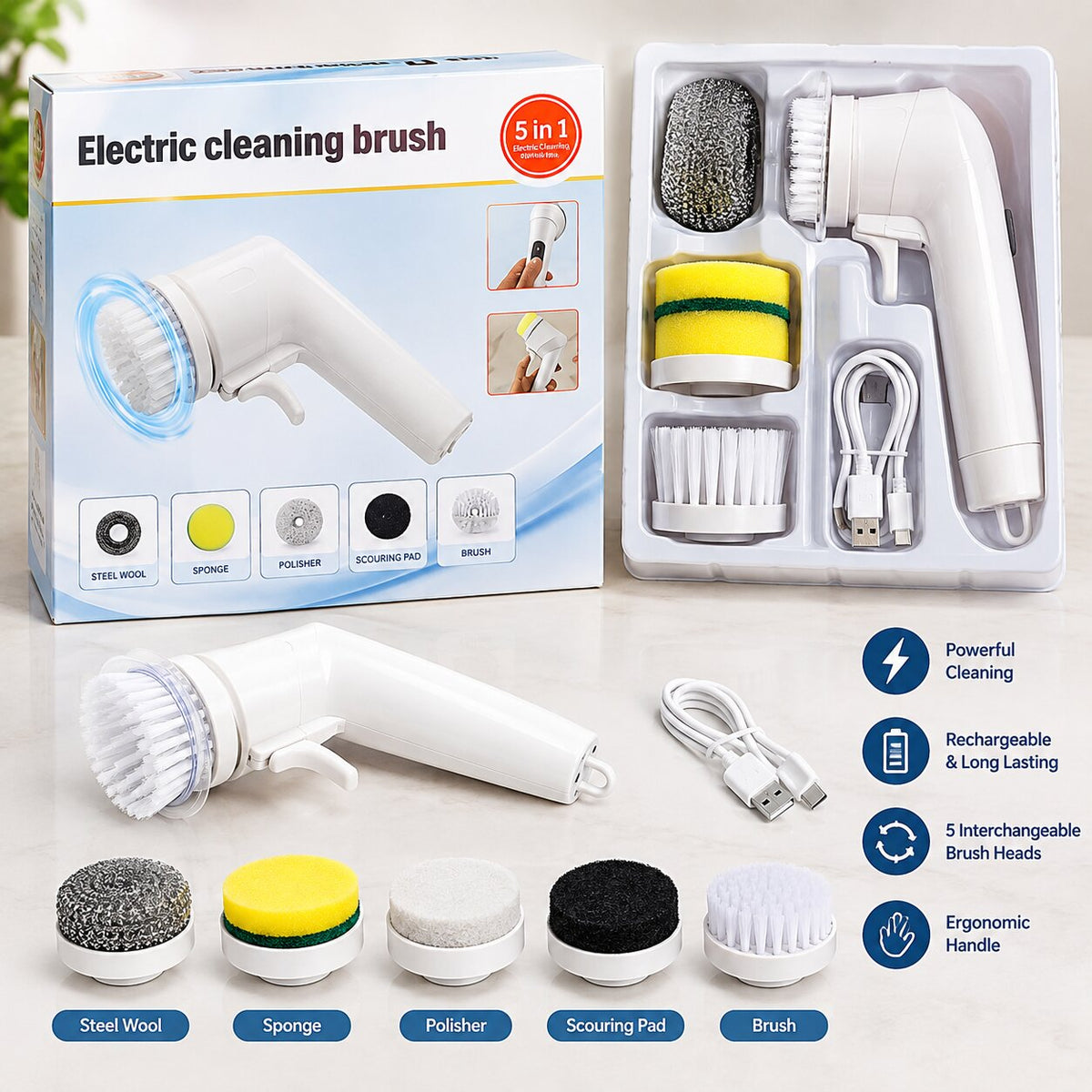 Rotating Scrubber With Sponge, Brush, And Steel Wool Heads