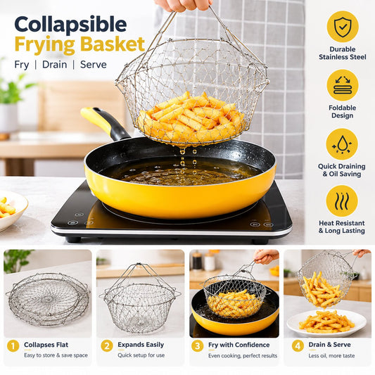 Stainless Steel Foldable Frying Basket – Oil Drainer & Strainer