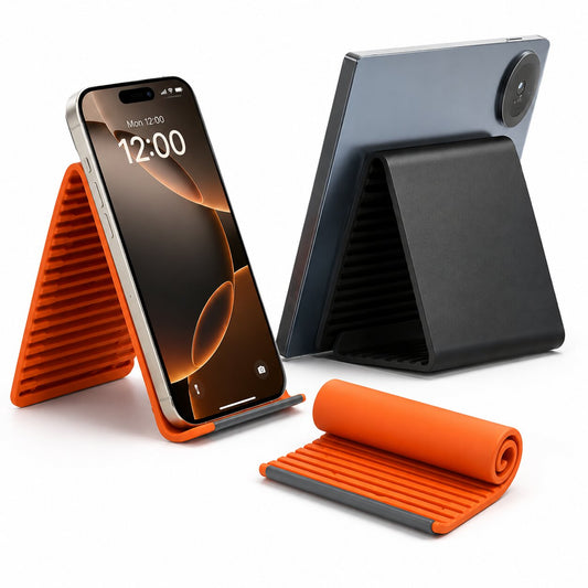 Foldable orange and black phone and tablet stand for hands-free viewing