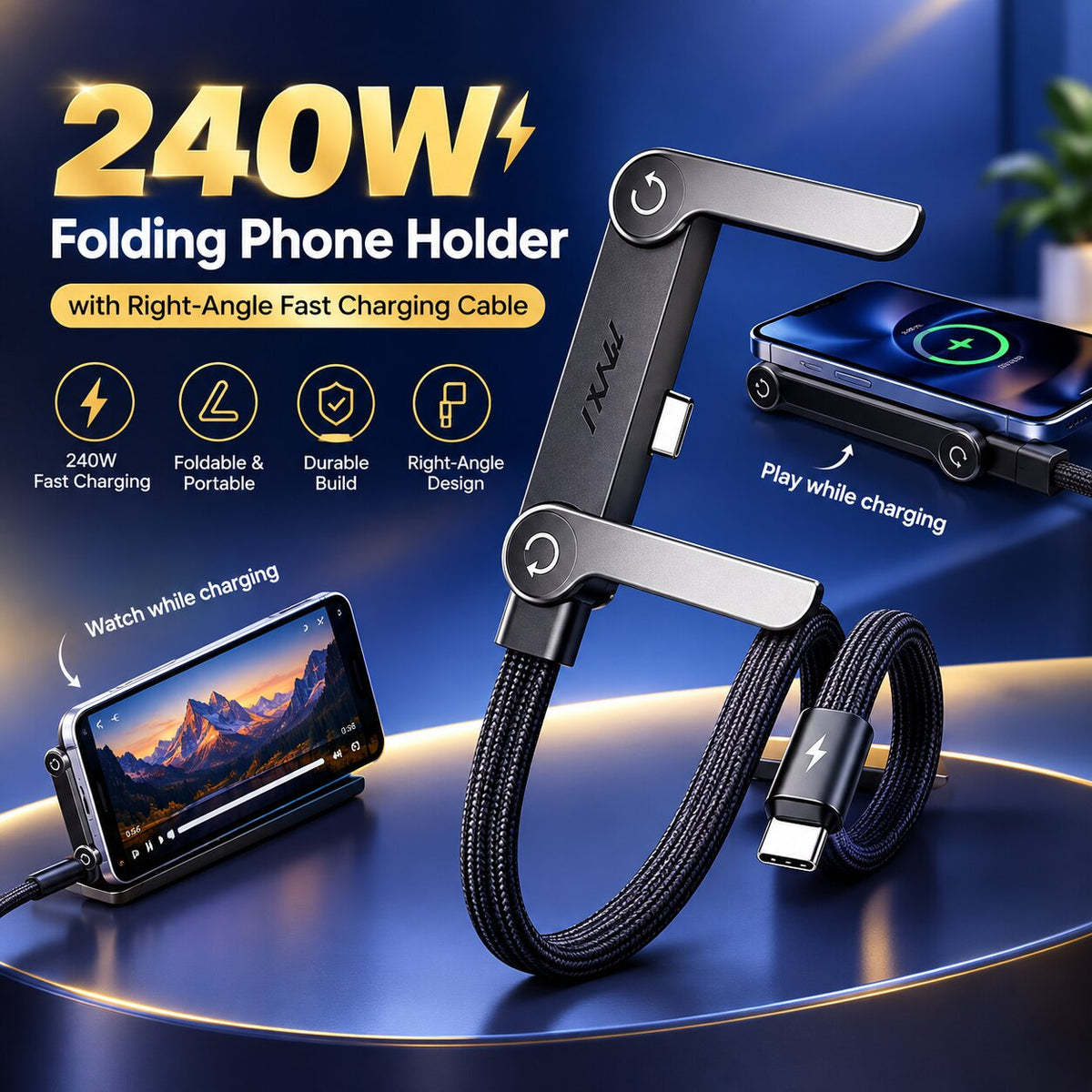 240W Folding Phone Holder with Right-Angle Fast Charging Cable