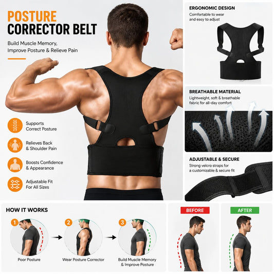 Person wearing a black adjustable posture corrector belt with breathable mesh and Velcro straps