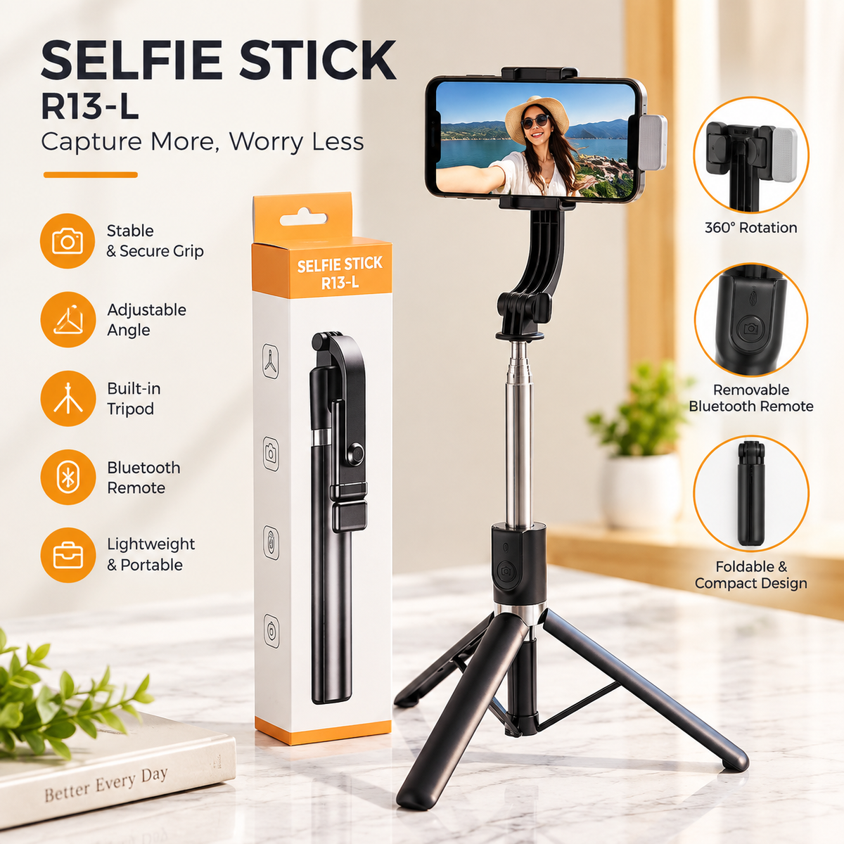 R13-L selfie stick with built-in tripod, Bluetooth remote, 360-degree rotation, and foldable design